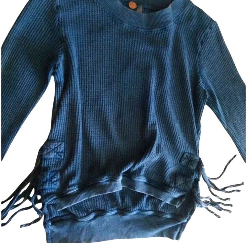 Free People FP One Blue Waffle Knit‎ Tunic Sweater Lace-Up Tie Sides S